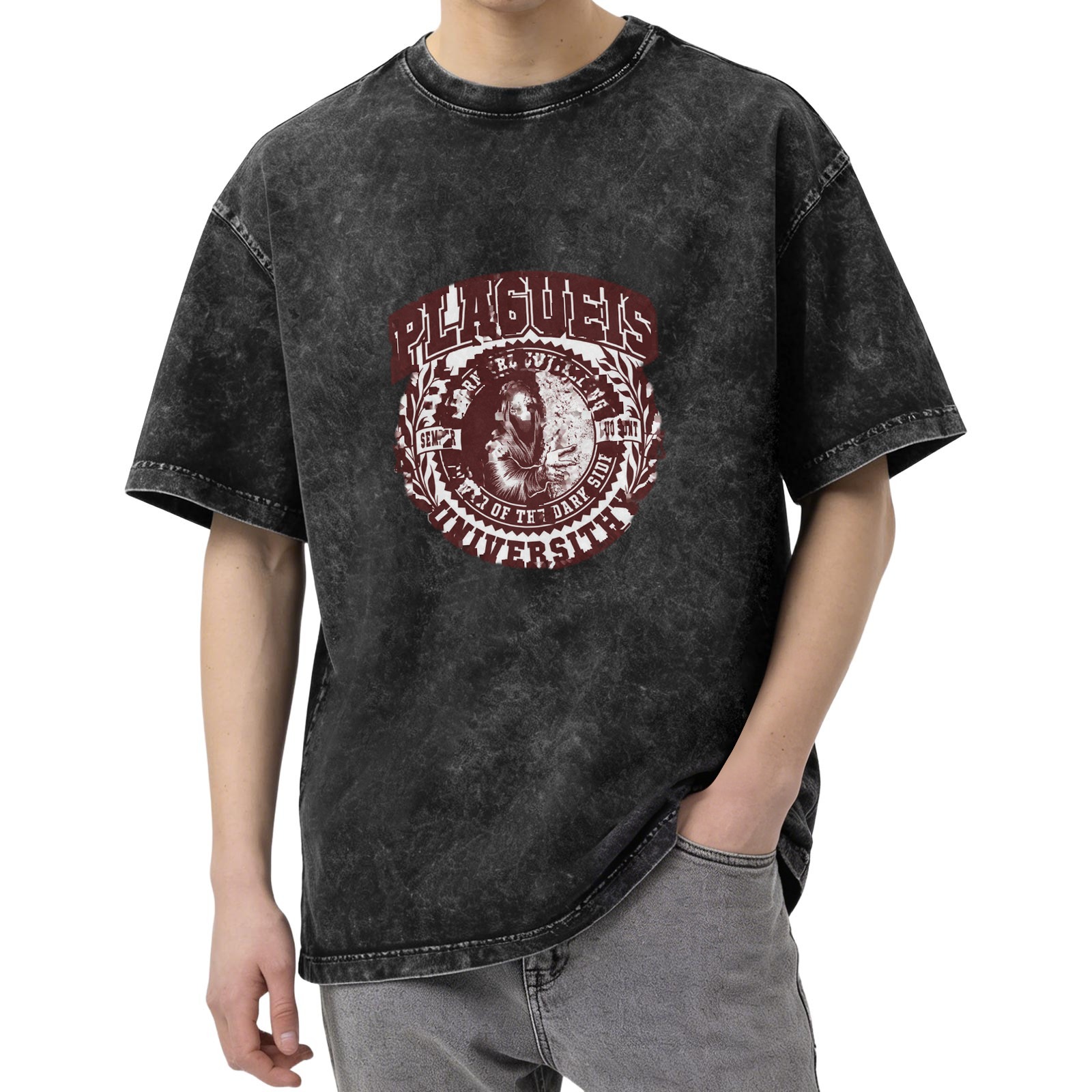 Washed black graphic t-shirt with plague doctor university emblem design