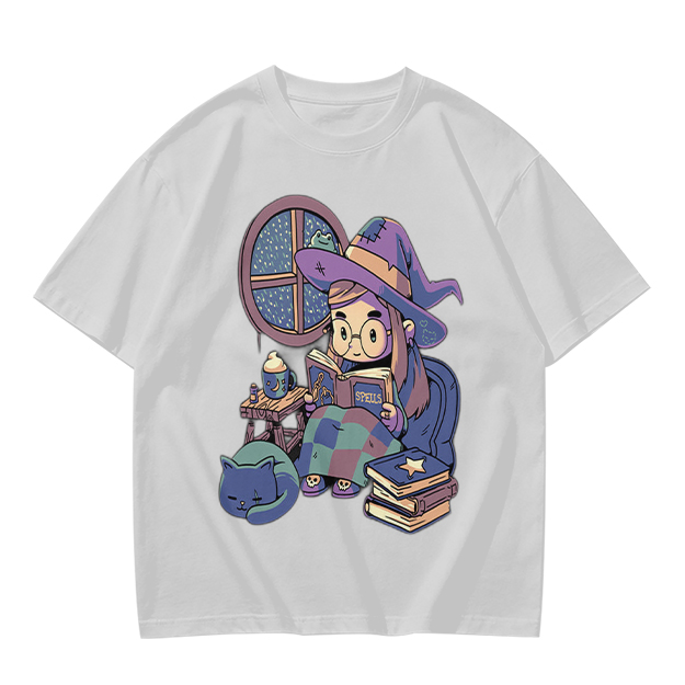 Olive t-shirt with cozy reading witch and cat graphic
