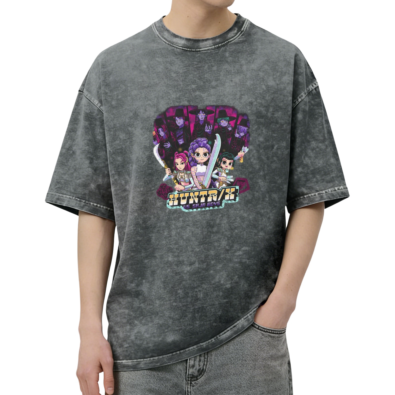 Distressed Black Cartoon Anime Print Short Sleeve T-Shirt
