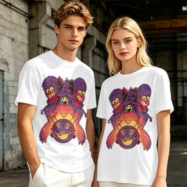 Olive T-Shirt With Halloween Three-Headed Witch And Jack-O'-Lantern Print