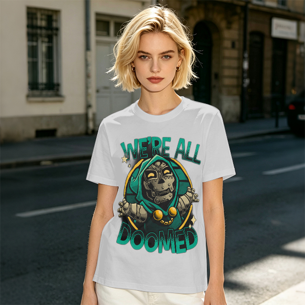 Olive T-Shirt Featuring 'We're All Doomed' Doom Character Art