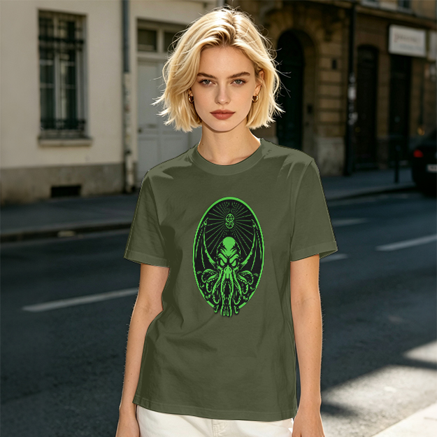 Olive Green T-Shirt With Glowing Green Cthulhu Graphic Print
