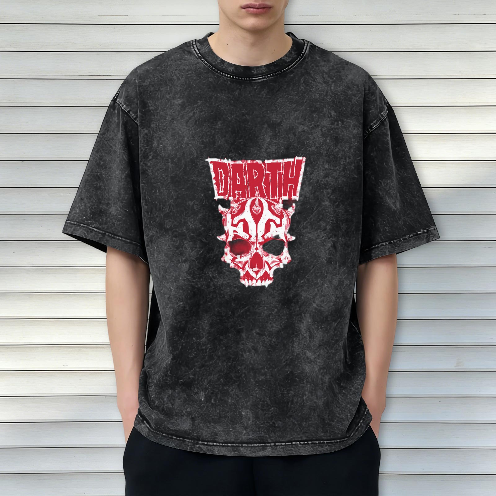 Darth Maul Skull Graphic Black Acid Wash T-Shirt