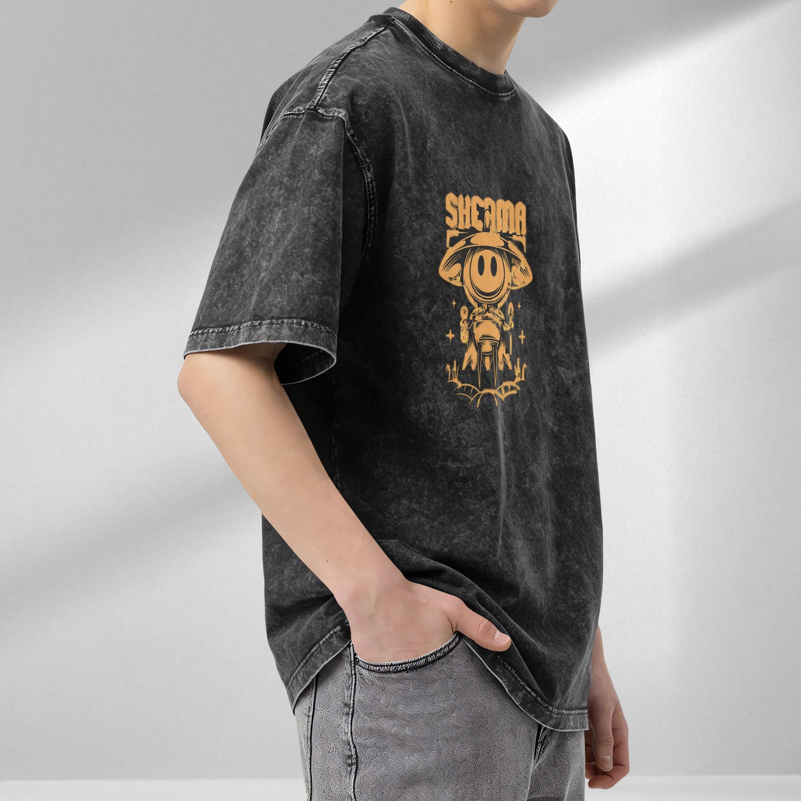 Oversized Acid Wash T-Shirt with UFO Alien Graphic Print