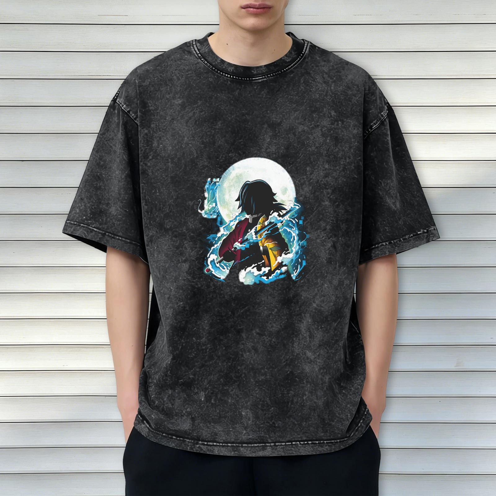 Demon Slayer: Kimetsu no Yaiba Tomioka Giyuu themed washed and distressed loose short-sleeved T-shirt