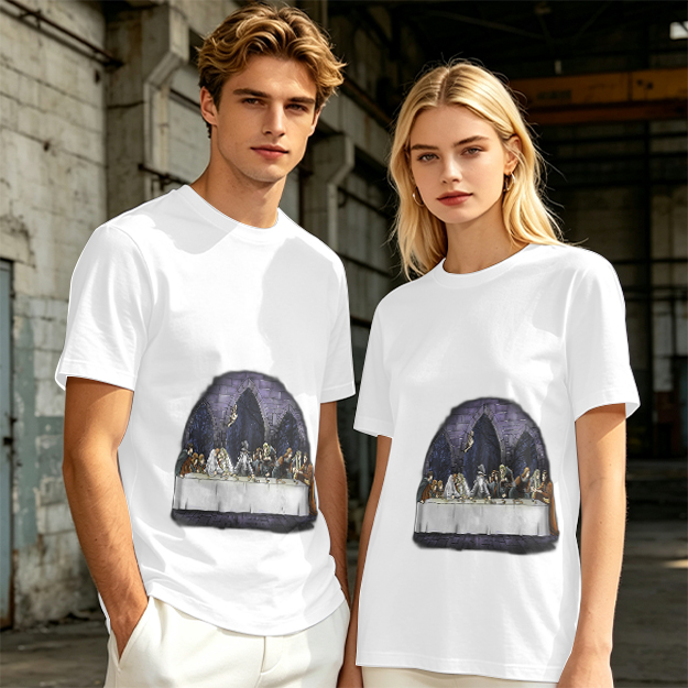 Olive Green T-Shirt with Skeletal Last Supper Graphic Print