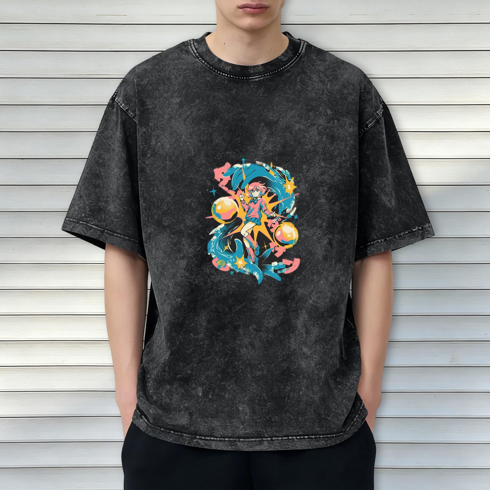 Oversized Acid Wash T-Shirt with Anime Graphic Print