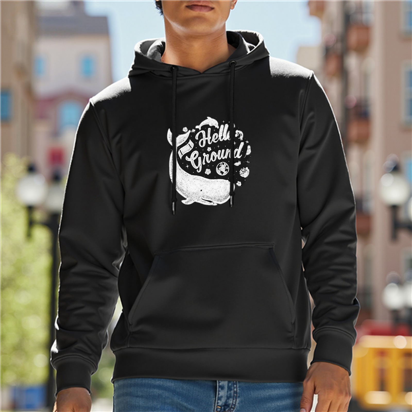 Black hoodie with whale and Hello Ground graphic print