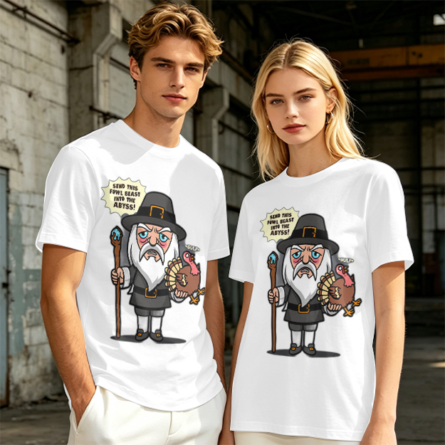 Wizard Pilgrim Holding Turkey Funny Thanksgiving T-Shirt Design