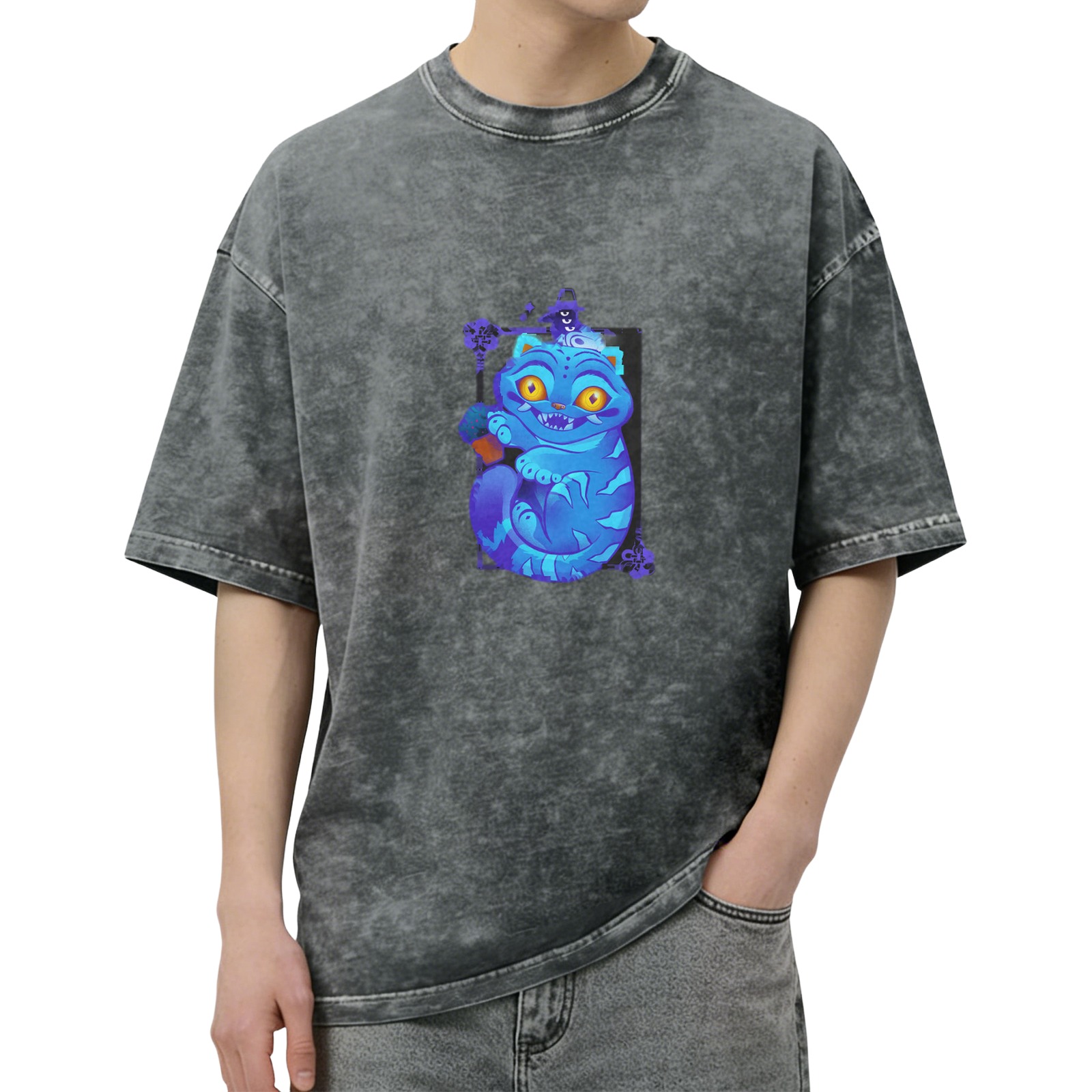 Distressed black loose short-sleeved T-shirt Cheshire cat cartoon print personalized trendy casual top