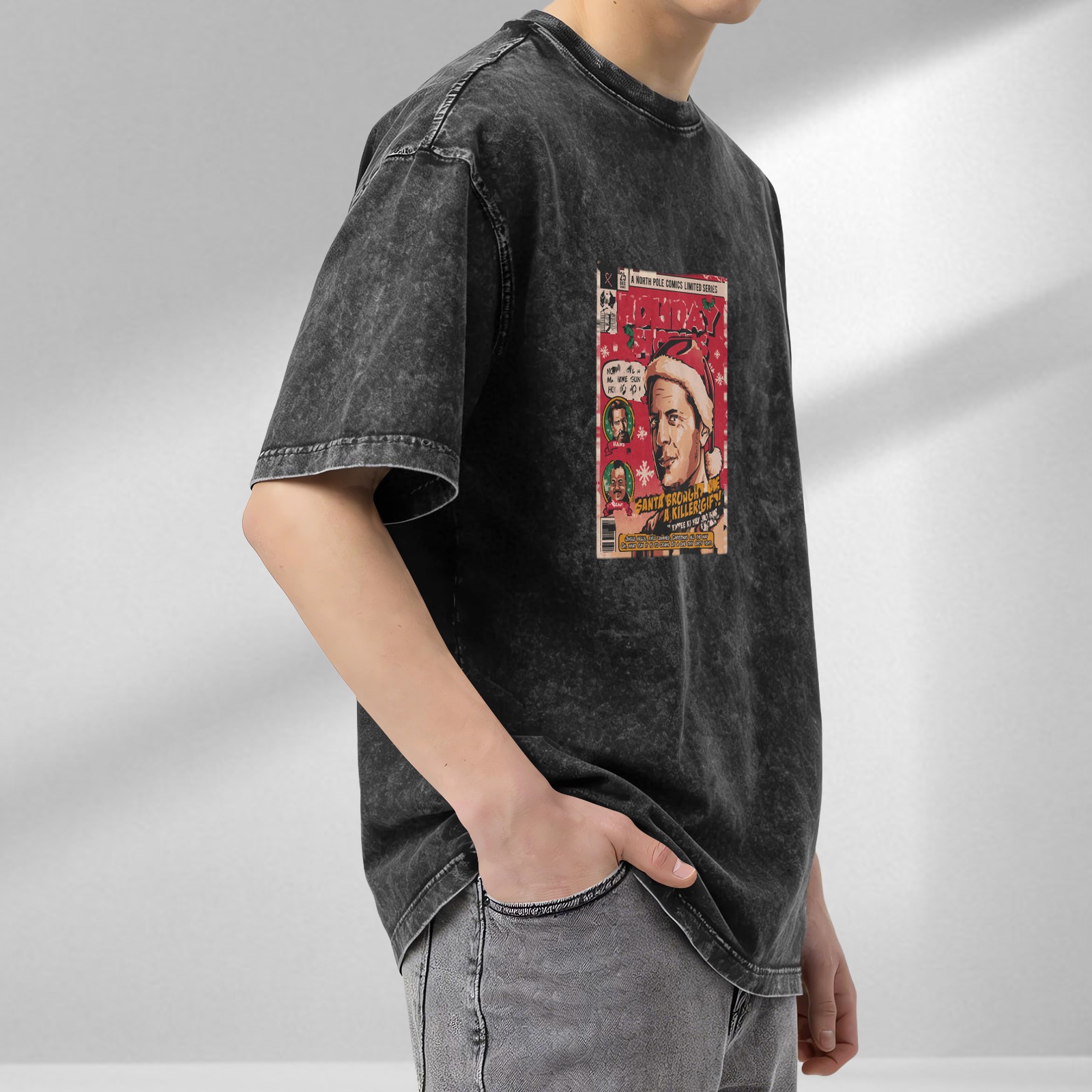 Oversized Washed Black T-Shirt with Die Hard Christmas Comic Book Print