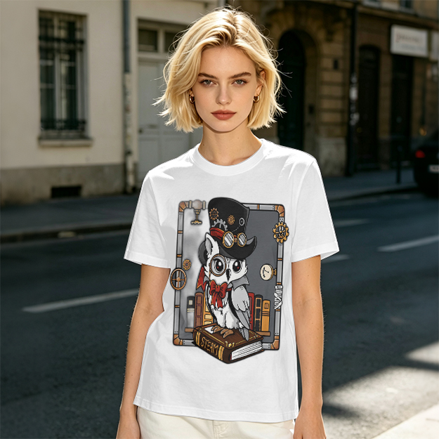 Owl in Steampunk Attire on Book Graphic Tee