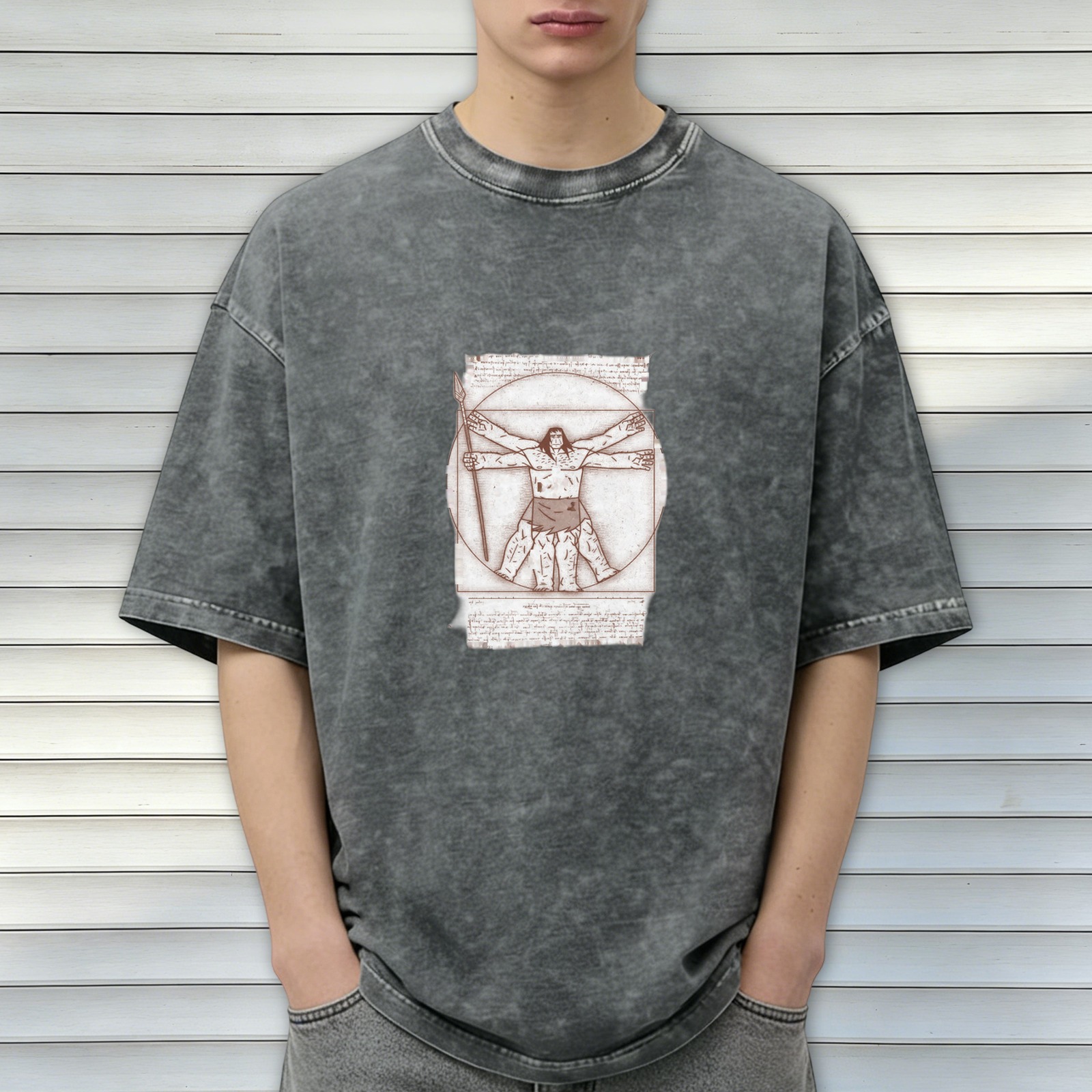 Oversized Acid Wash T-Shirt With Vitruvian Barbarian Print