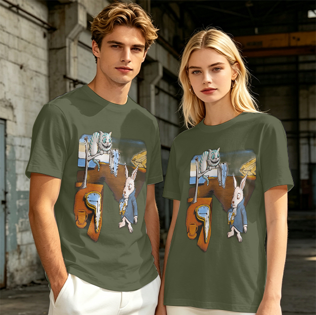 Olive T-Shirt with Surreal Alice in Wonderland Art Print