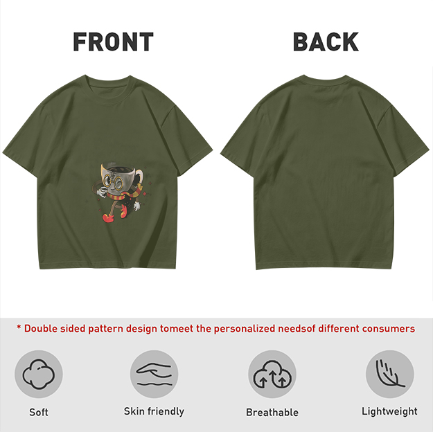 Olive T-Shirt With Wizard Coffee Cup Cartoon Print