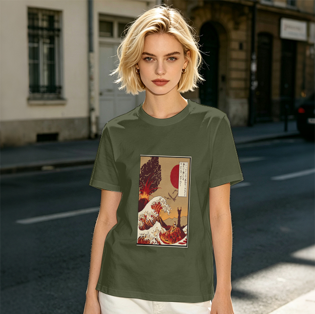 Olive T-Shirt with Ukiyo-e Style Wave and Volcano Print