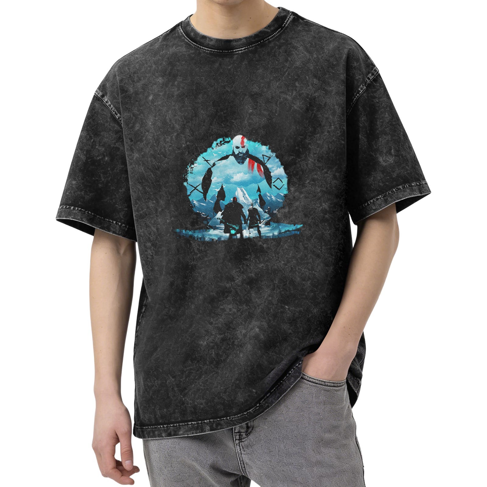 God of War Kratos & Atreus Graphic Print Stone Wash Oversized T-shirt