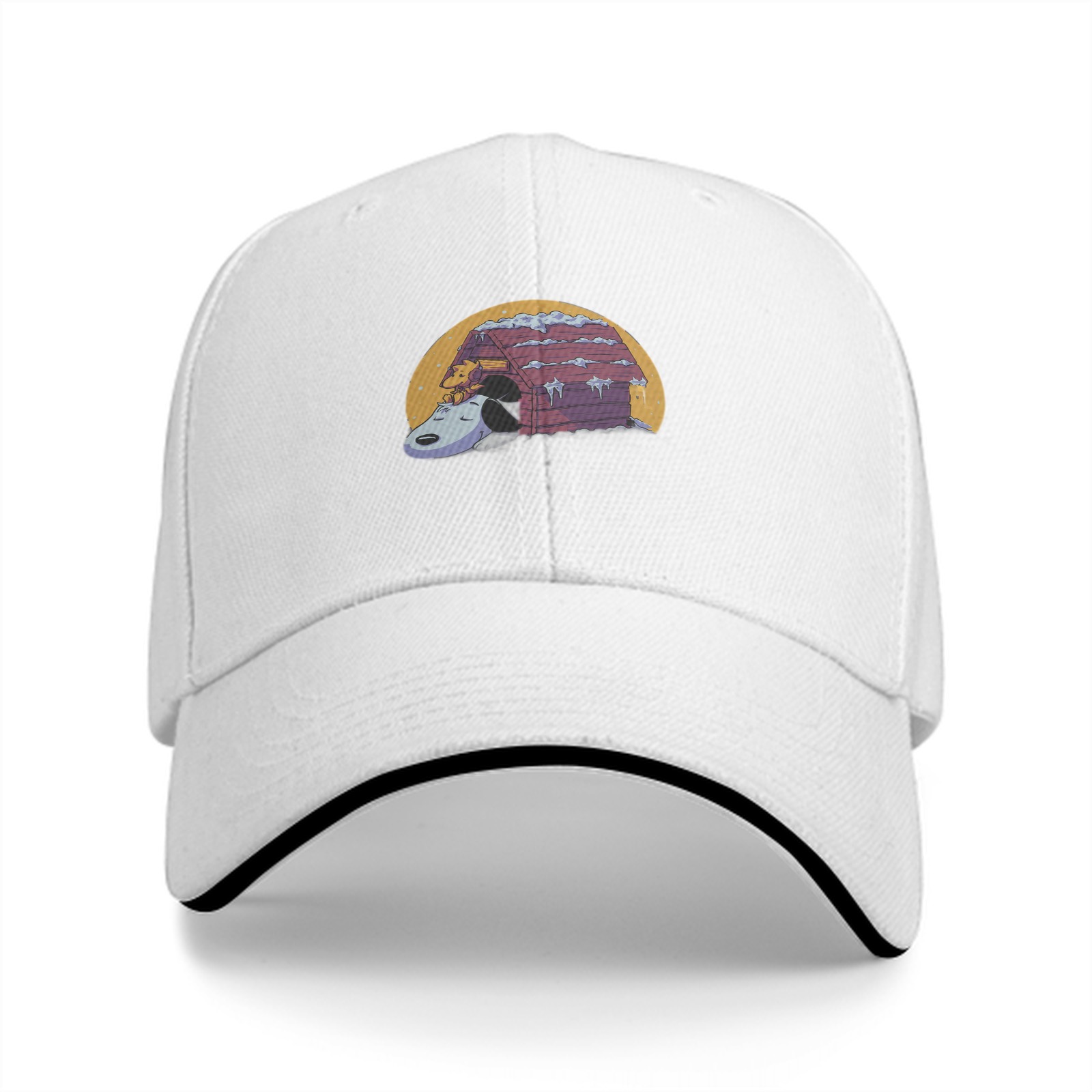 Black baseball cap with Snoopy and snow doghouse graphic