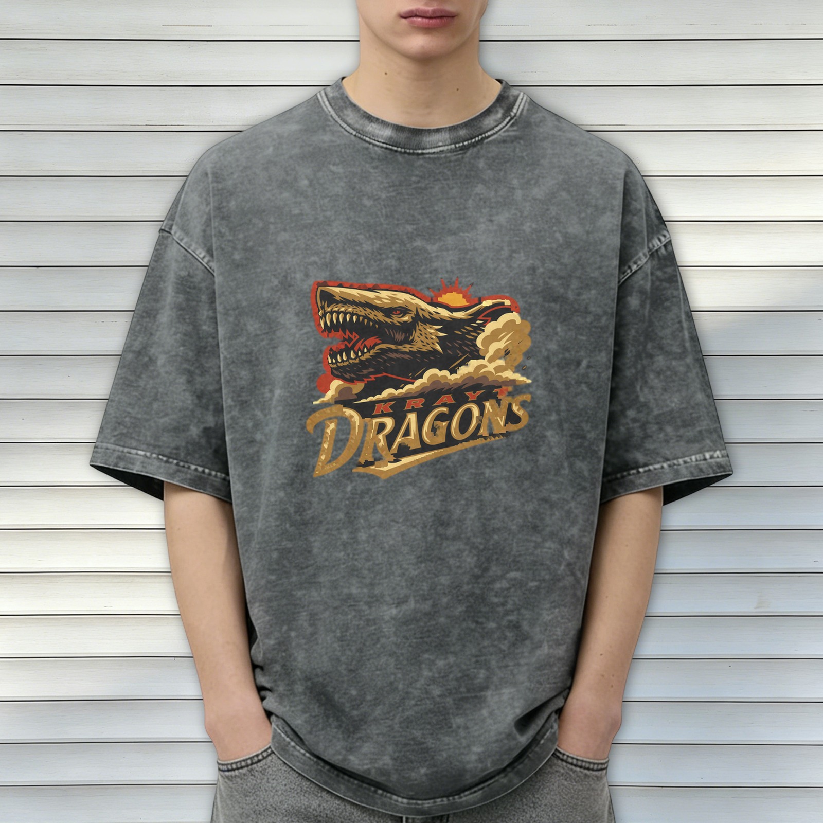 Oversized Acid Wash T-Shirt with Kray Dragons Graphic Print
