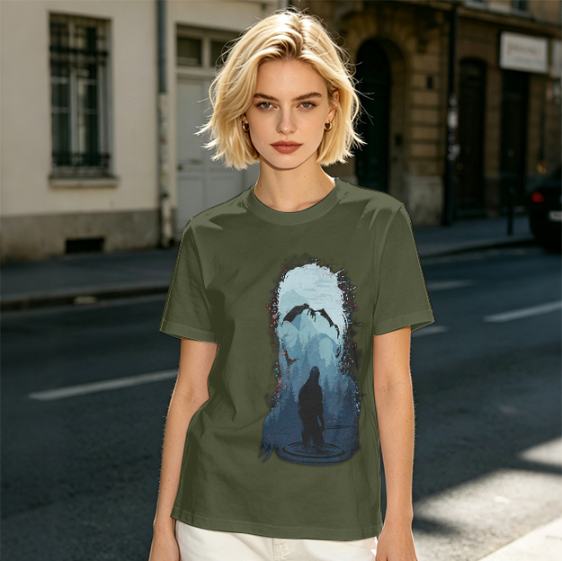 Olive T-Shirt With Dark Fantasy Silhouette And Dragon Print