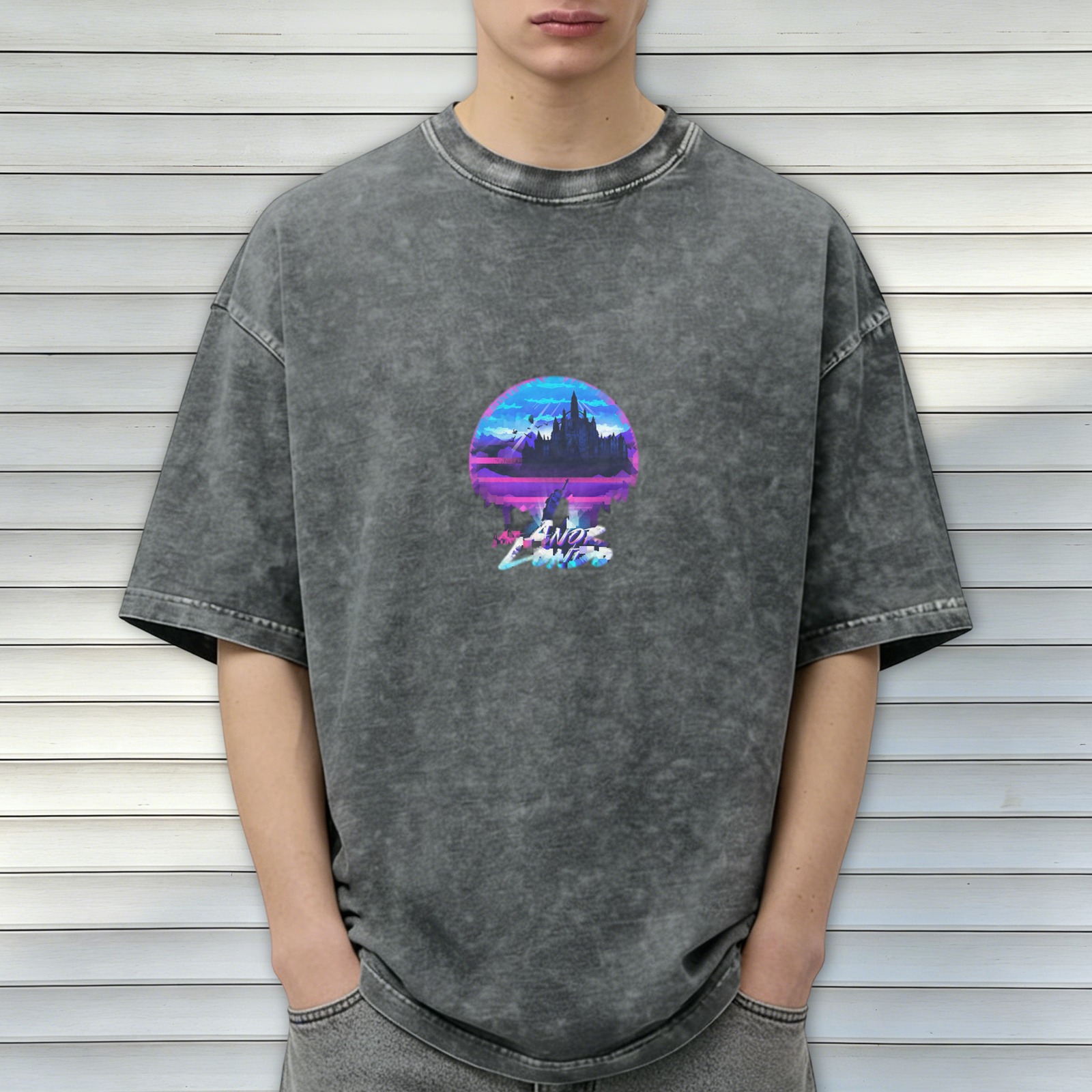 Distressed washed black round neck short-sleeved T-shirt Retro style Anor Londo printed loose top