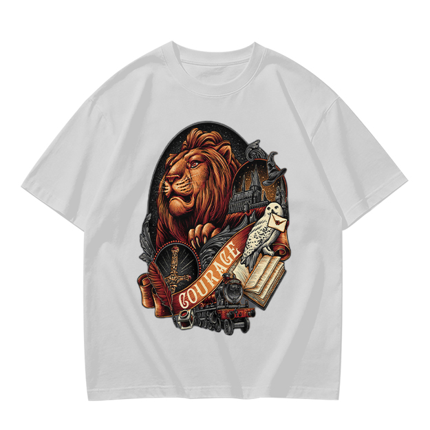 Olive T-Shirt With Lion Courage Themed Fantasy Art Print