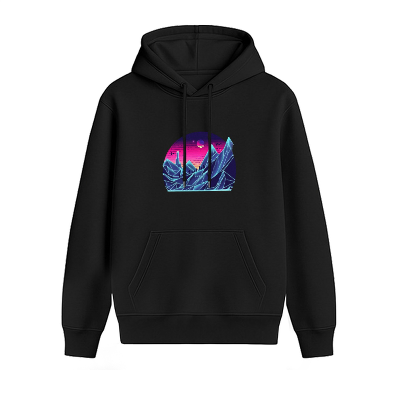 Black Hoodie With Neon Futuristic Mountain Landscape Print