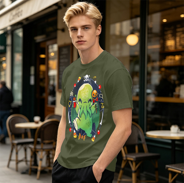 Olive T-Shirt With Cute Halloween Cthulhu Graphic Print