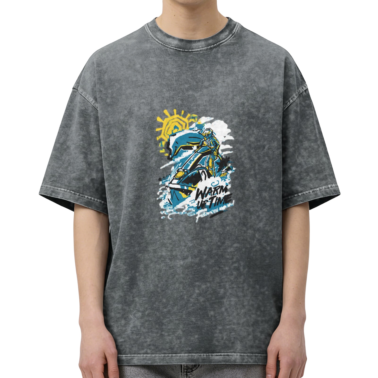 Oversized Acid Wash Graphic T-Shirt With Rider And Sun Print