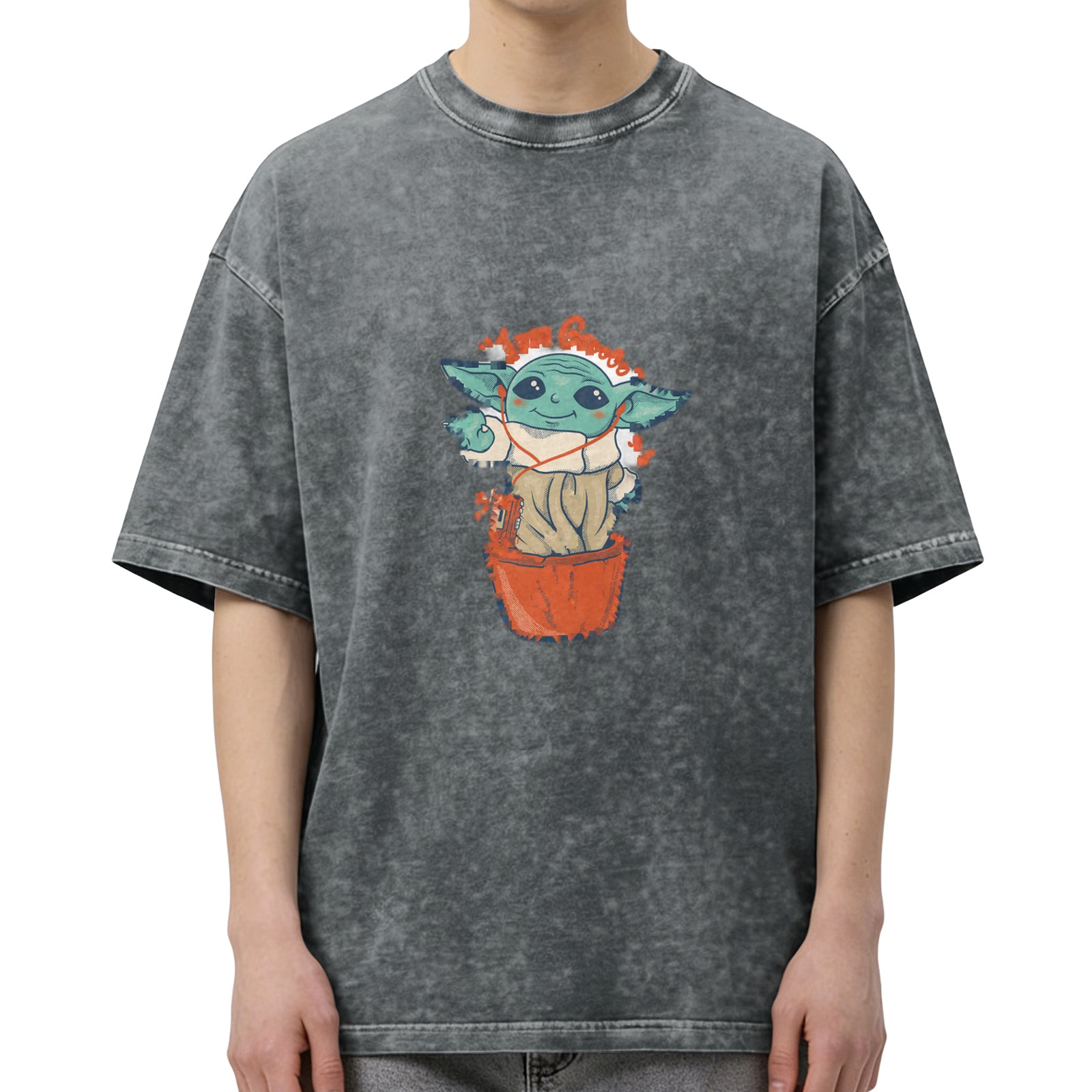 Baby Yoda Christmas Graphic Dark Wash T-Shirt