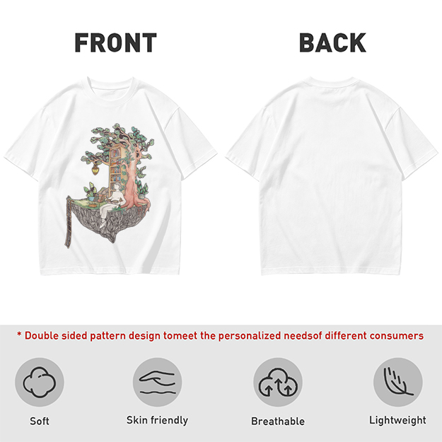 Olive t-shirt with whimsical floating treehouse reading scene print