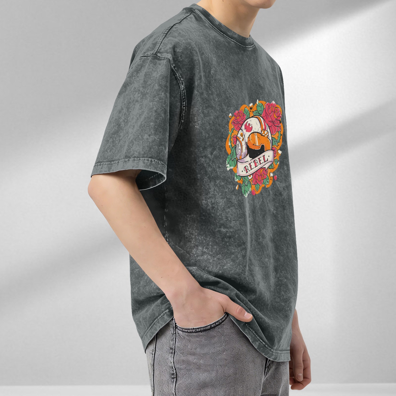Washed Black Rebel Droid Rose Graphic T-Shirt