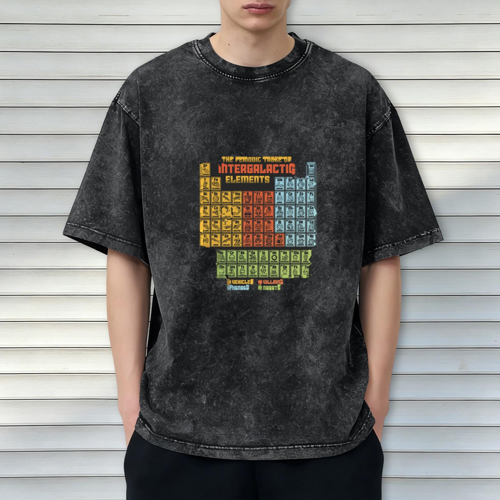 Retro washed black interstellar periodic table themed print loose short-sleeved T-shirt