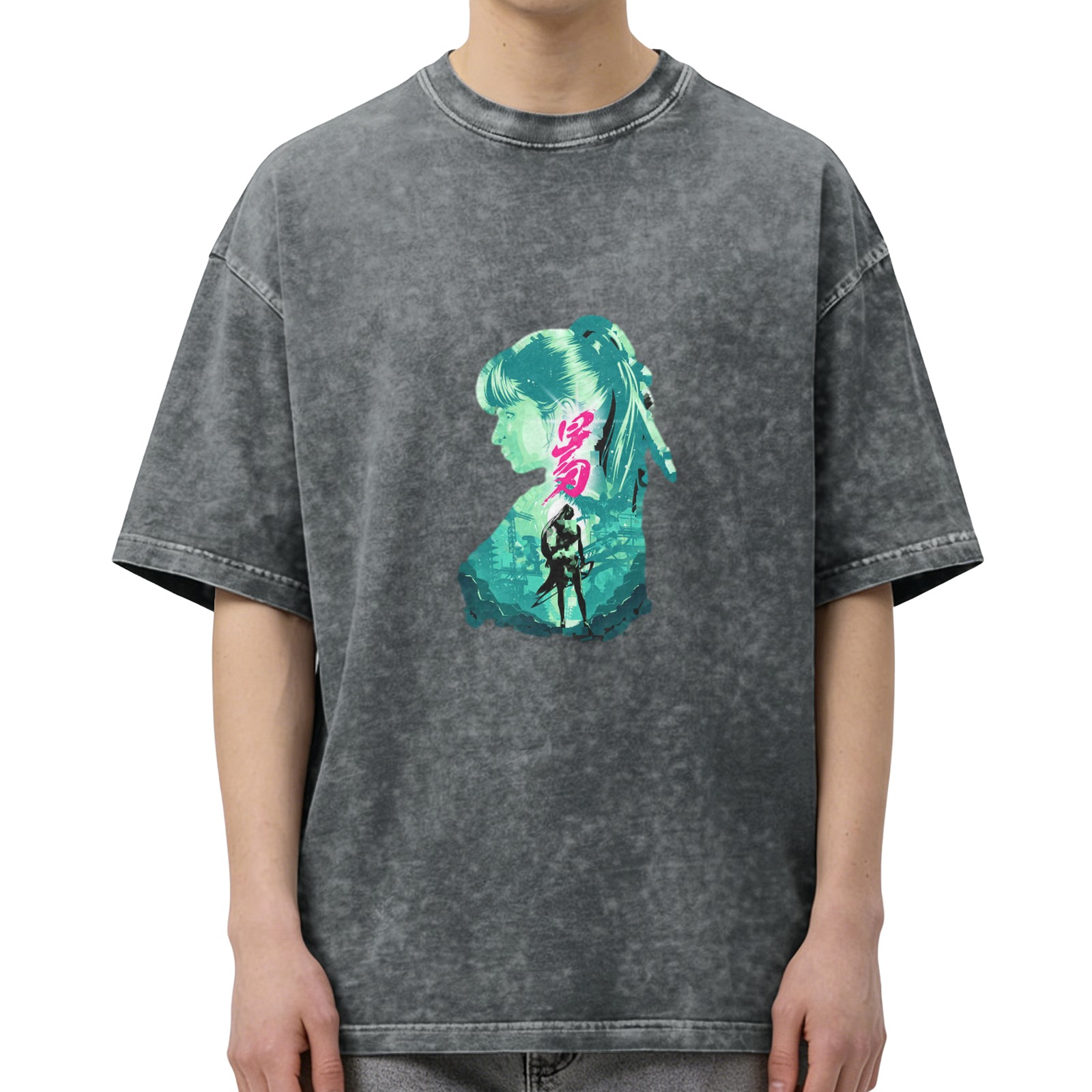 Washed Black Graphic T-Shirt with Neon Anime Girl Silhouette Print