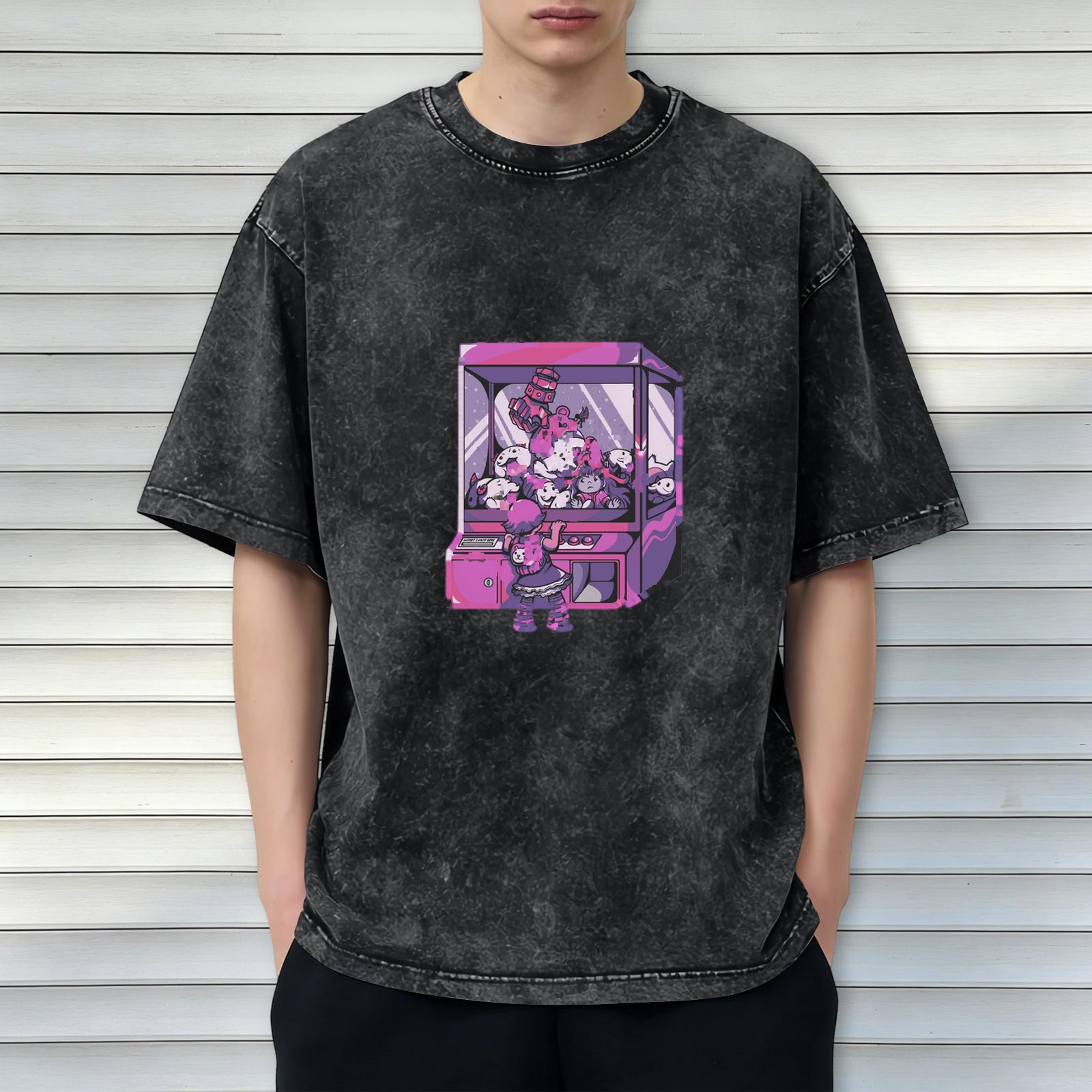 Oversized acid wash t-shirt with anime claw machine graphic