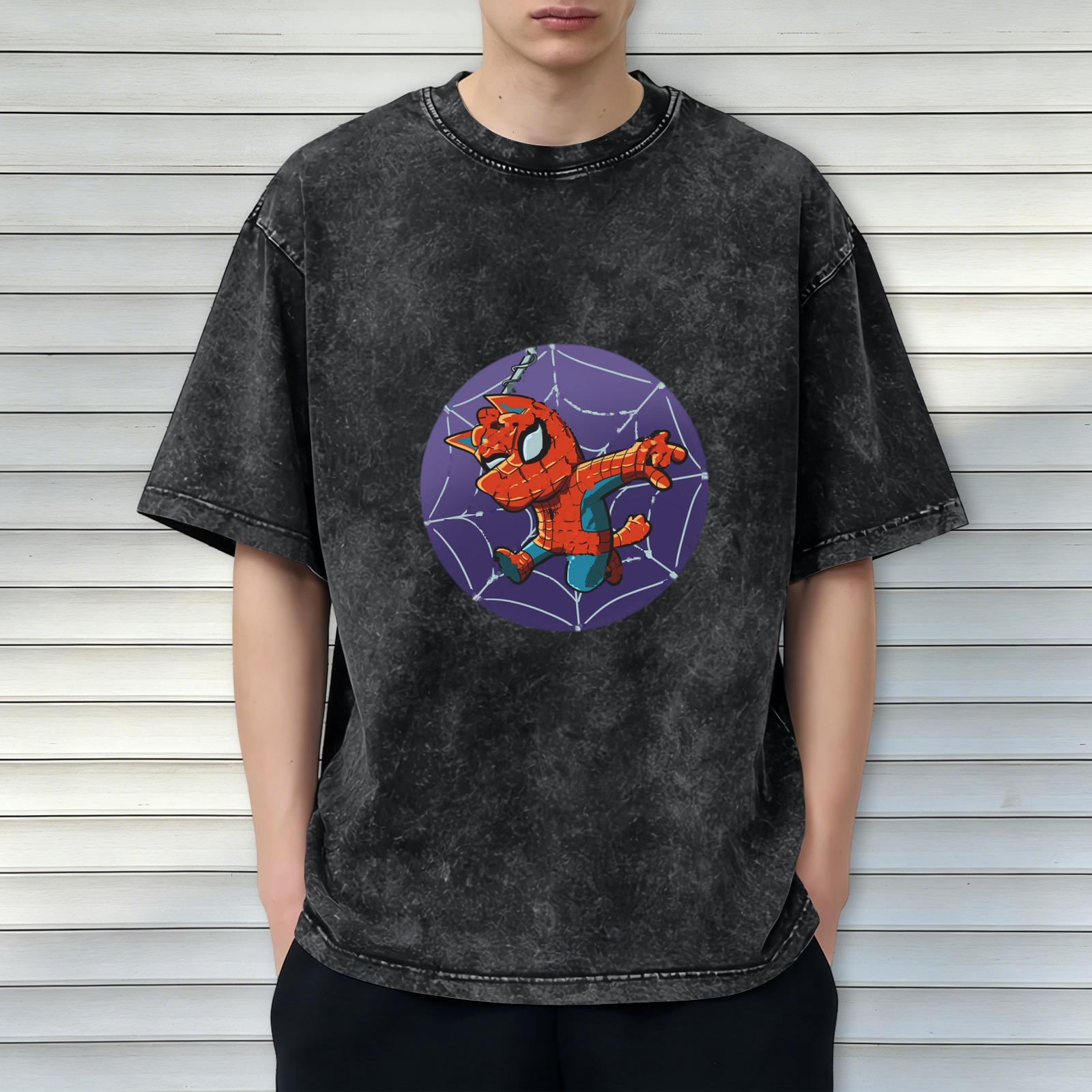 Oversized Dark Wash T-Shirt With Spider-Cat Web Print