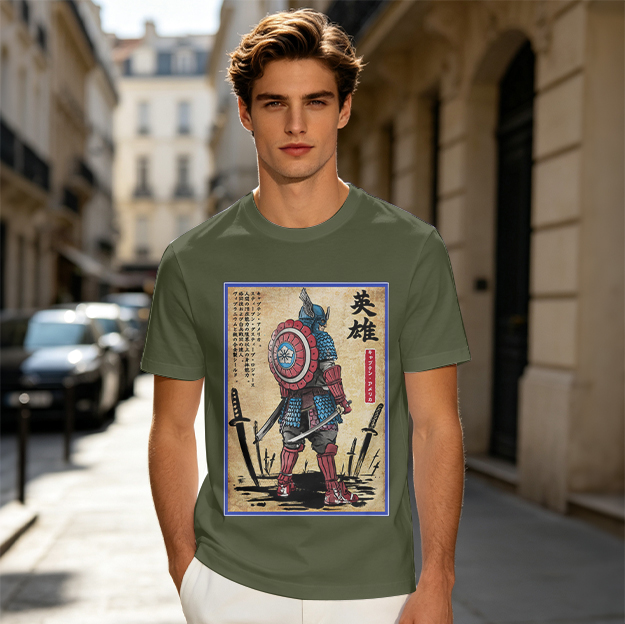 Olive T-shirt with Samurai Captain America Hero Art Print