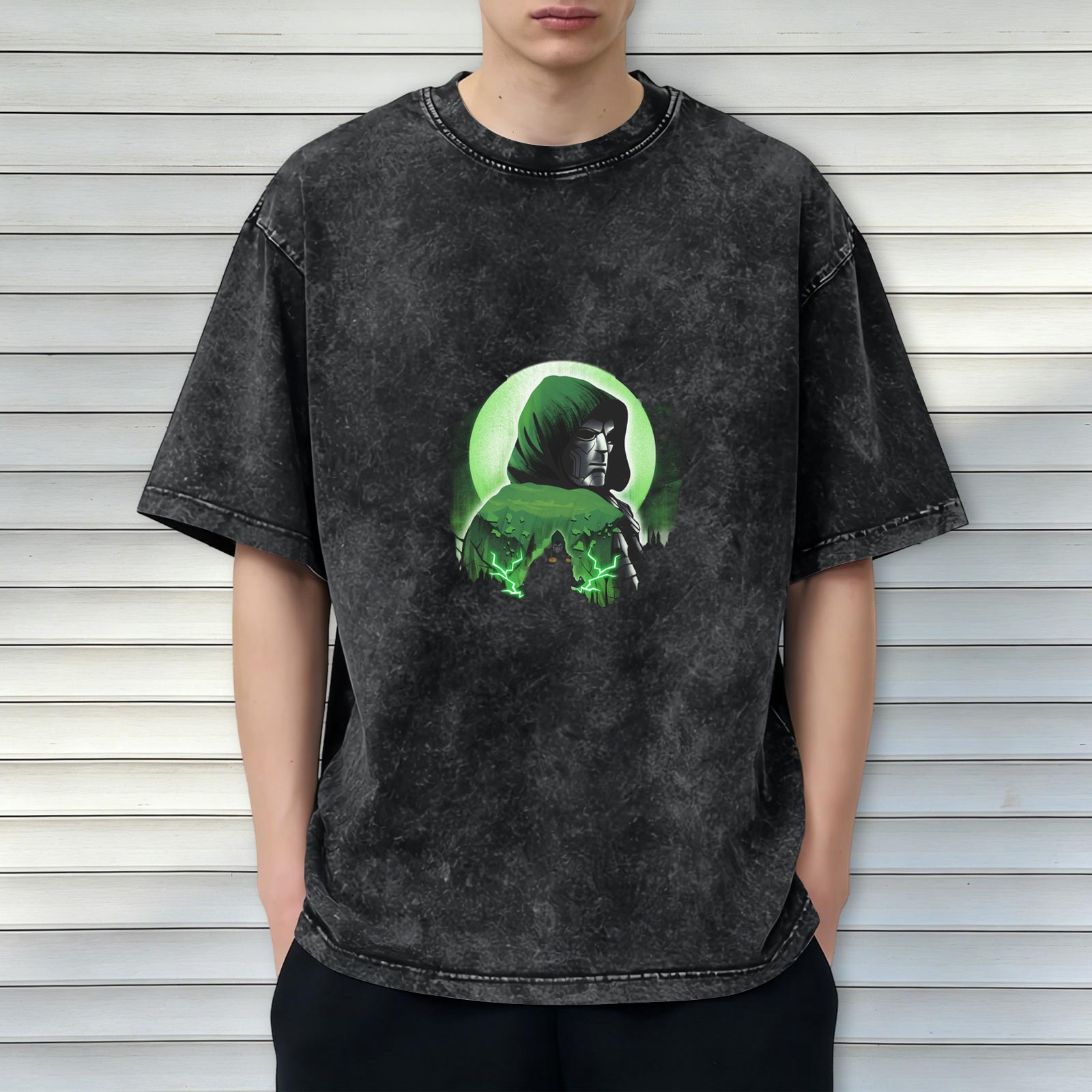 Oversized Acid Wash T-Shirt With Hooded Green Spectre Graphic