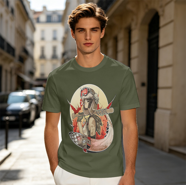 Olive T-Shirt with Retro Military Pilot Girl Graphic Print