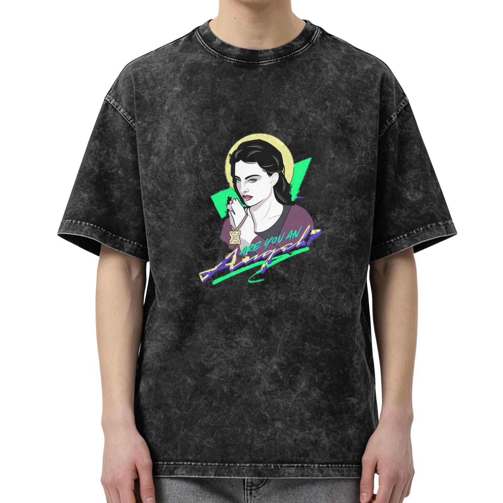 Oversized Dark Wash T-Shirt with Retro Angel Graphic Print