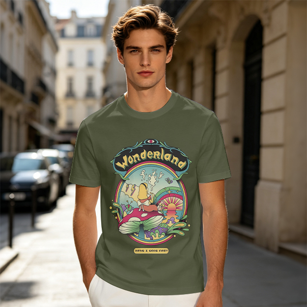 Olive green t-shirt with psychedelic Wonderland Alice in Mushroom graphic