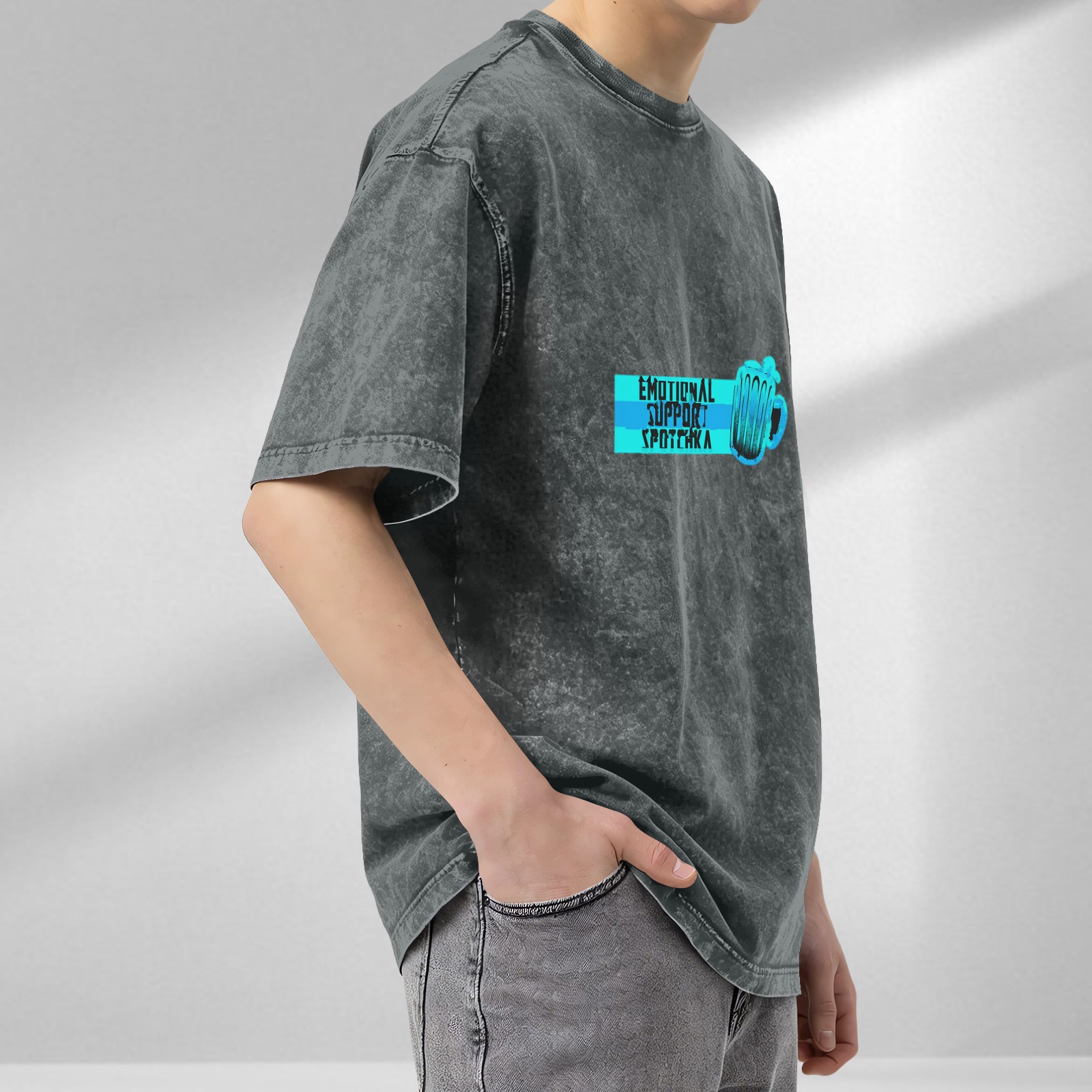 Oversized Acid Wash T-Shirt With Emotional Support Spotchka Beer Mug Print