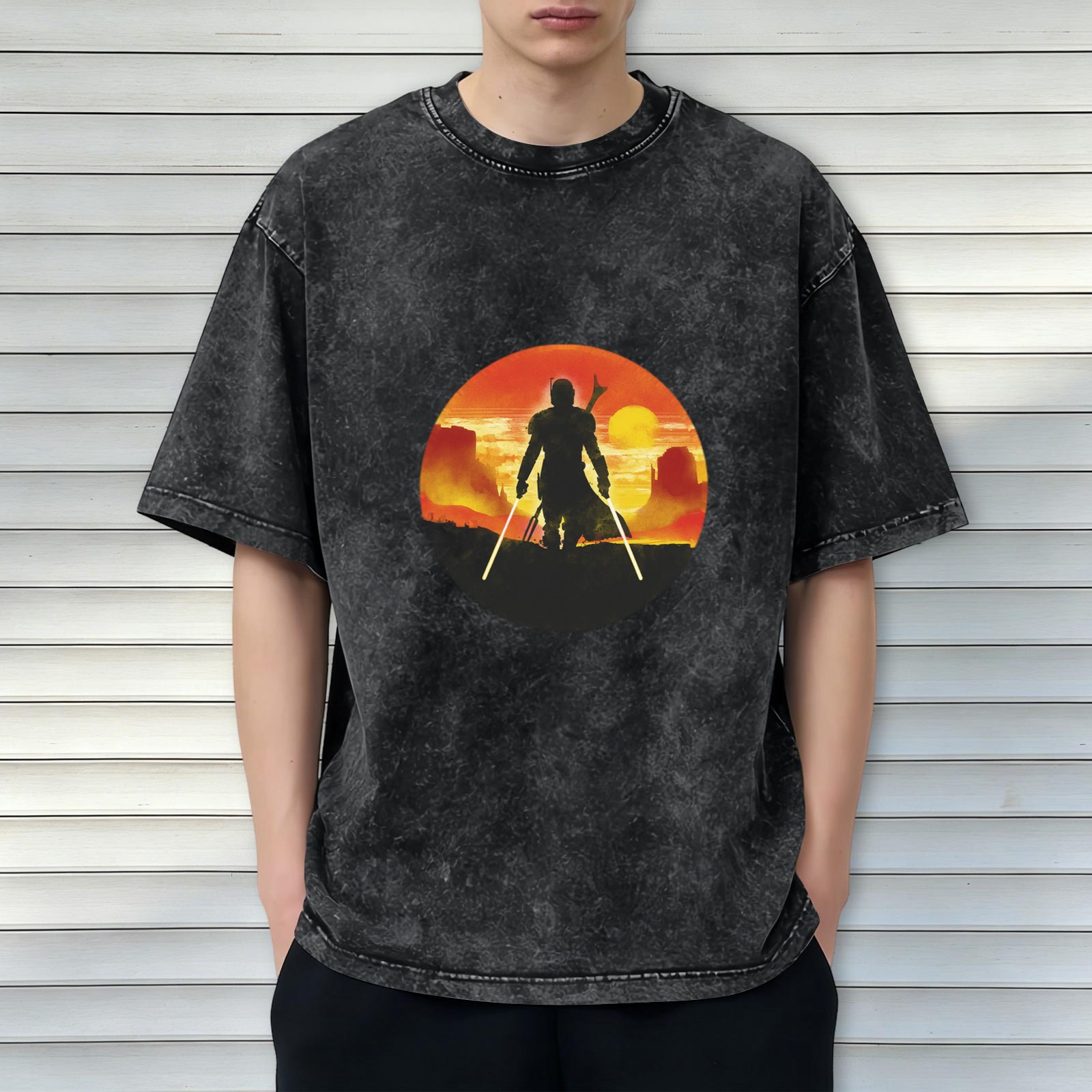 Washed Black T-Shirt with Mandalorian Sunset Silhouette Print
