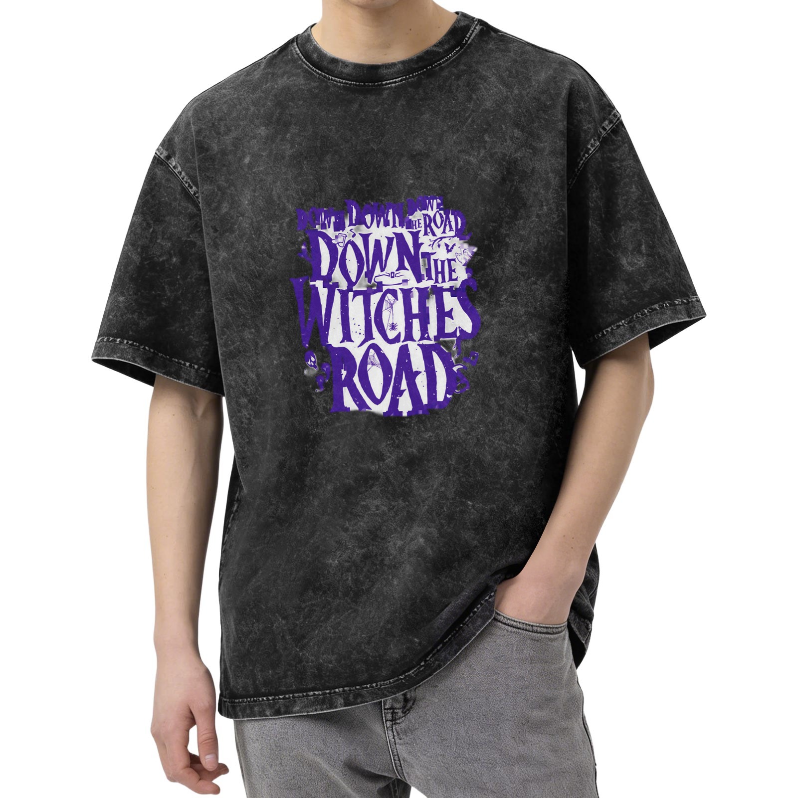 Washed Black Graphic T-Shirt with Down The Witches Road Text