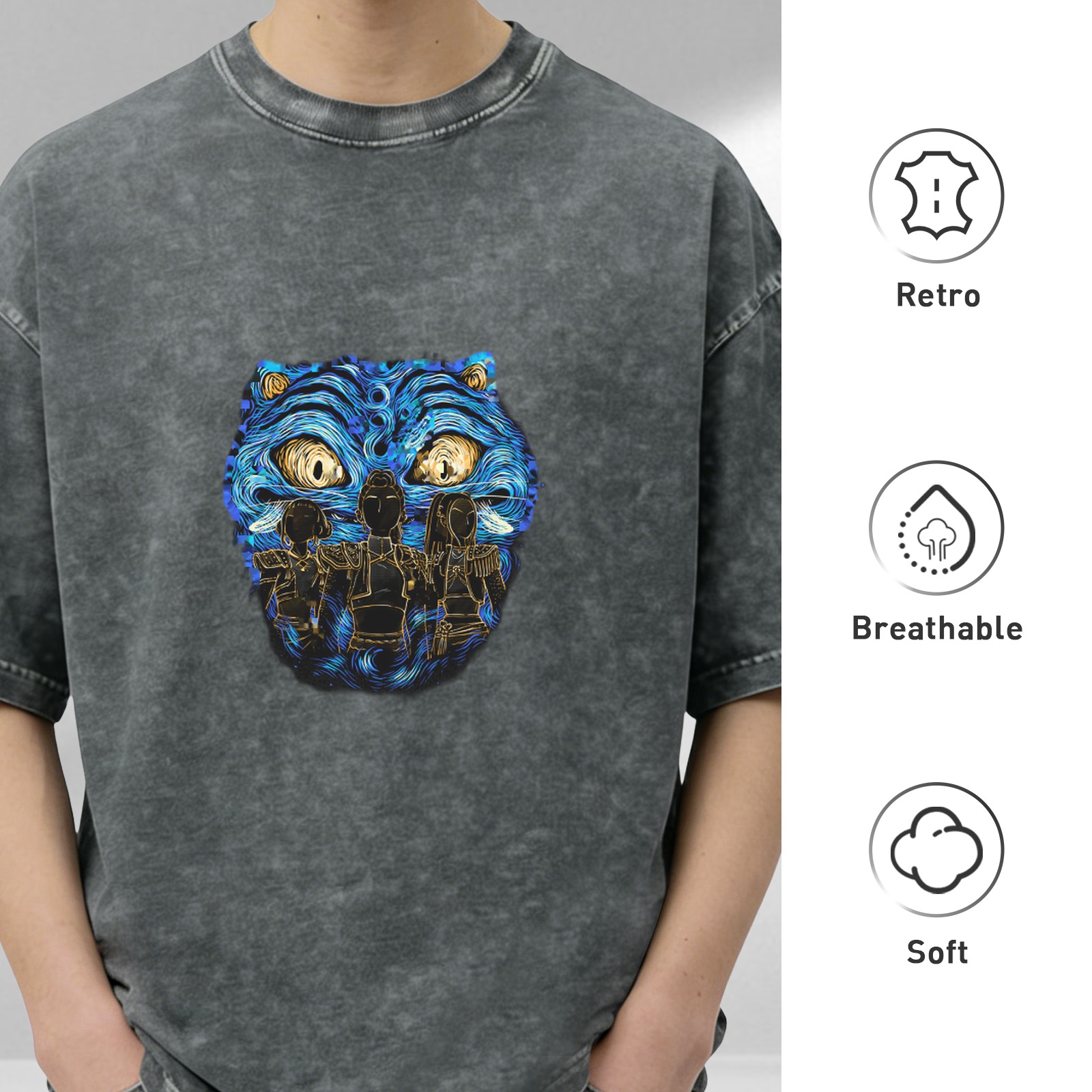 Oversized Dark Wash T-Shirt With Blue Tiger Artwork Print