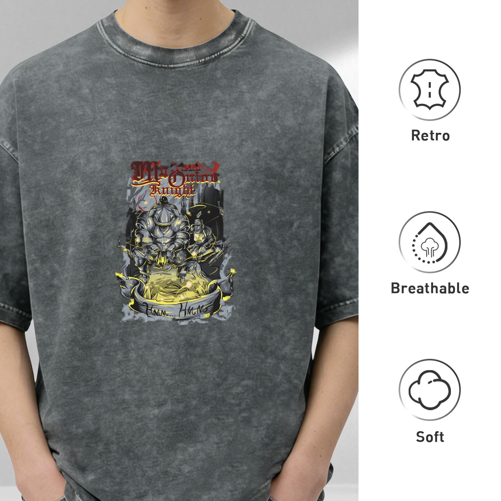 Oversized Stonewashed Black T-Shirt With Fantasy Knight Graphic Print