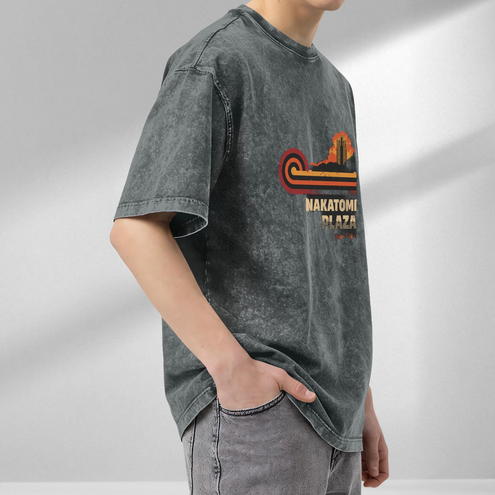 Nakatomi Plaza retro printed distressed washed black loose short-sleeved T-shirt