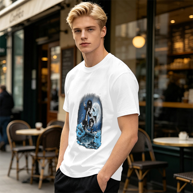 Olive T-Shirt With Gothic Moonlit Water Creature Graphic Print