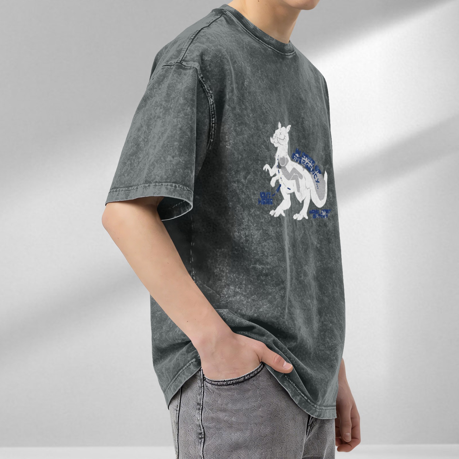 Oversized Acid Wash Graphic T-Shirt with Dinosaur Print