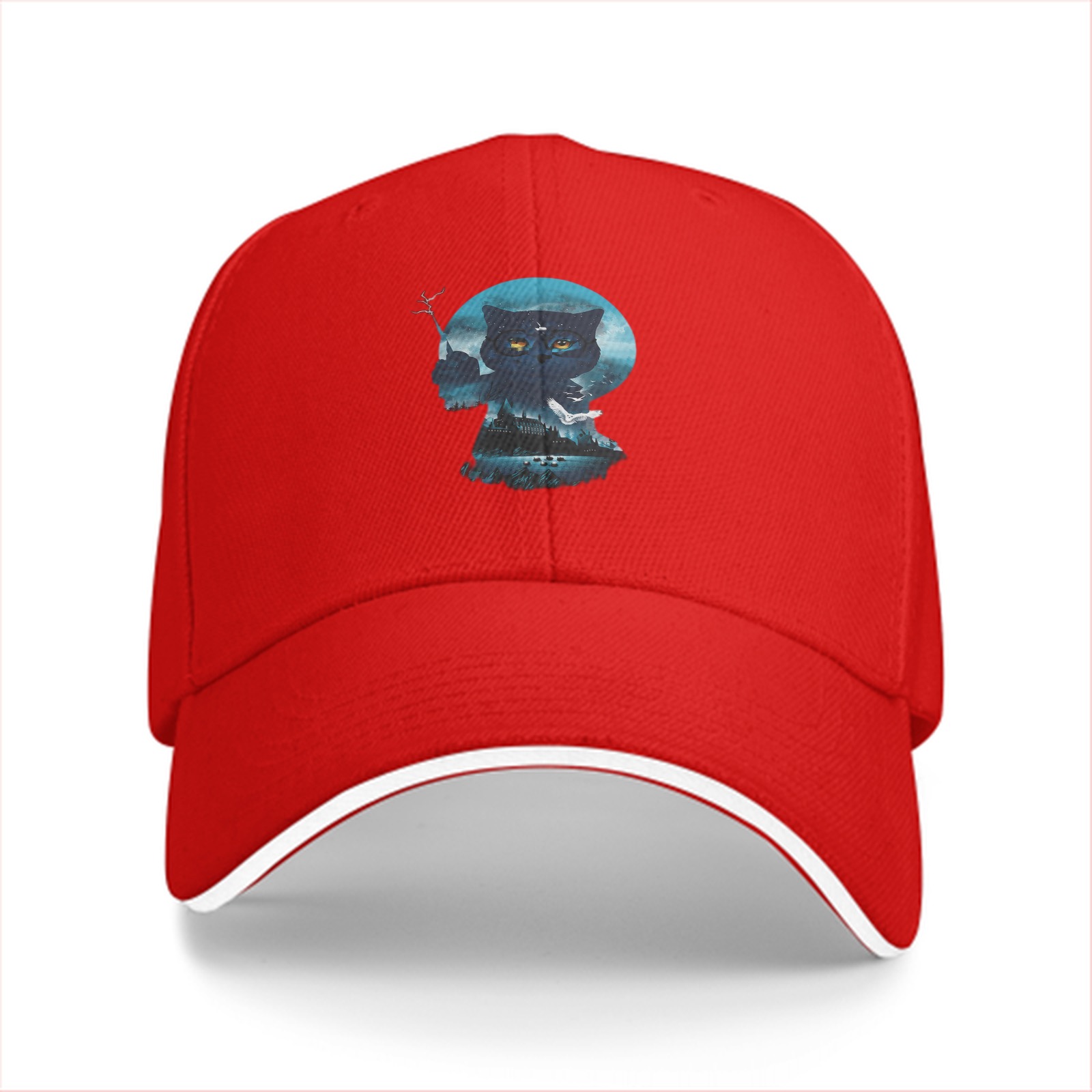 Black Baseball Cap With Mystical Owl Moon Graphic Design